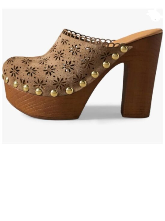 FOWT Shoes - FOWT Tan Studded Closed Toe Floral Cut Out Platform Chunky Super High Heel Mules